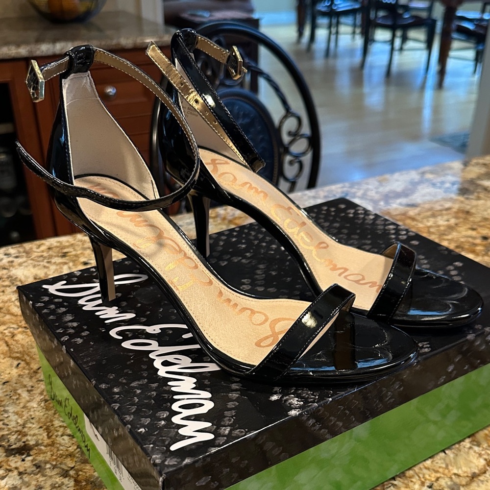 Sam Edelman Glossy Black Ankle Strap Heels